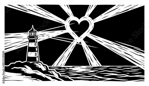 Lighthouse sending heart shaped light beams, romantic sea vector illustration, woodcut style beacon of love