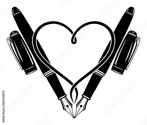 Crossed fountain pens forming heart shape, love letter writing vector illustration, romantic ink stationery