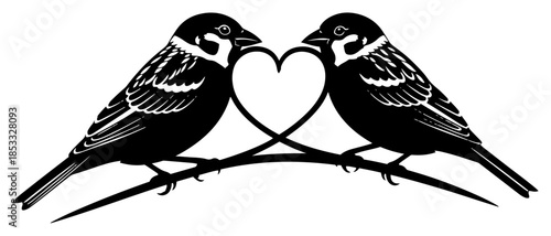 Two sparrows kissing on branch with heart, romantic birds vector illustration, nature love symbol