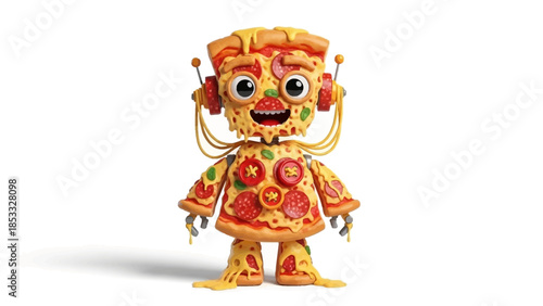 Cute pizza robot character with toppings and melted cheese details