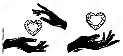 Hands holding geometric diamond hearts, precious love symbol vector illustration, magic gesture