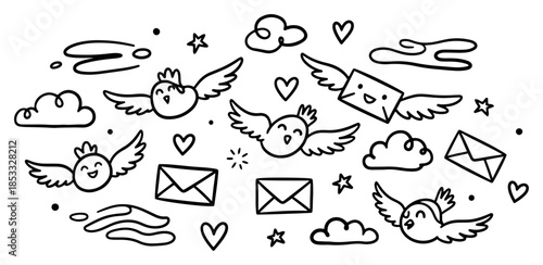 Cute flying birds and love letters doodle, romantic air mail vector illustration, winged messages