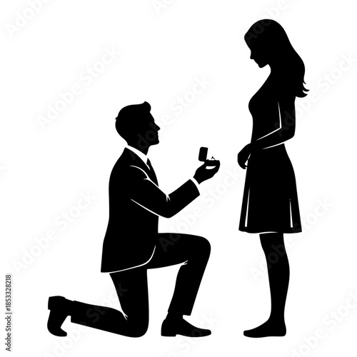 Marriage proposal silhouette, man kneeling with ring asking woman to marry, engagement vector