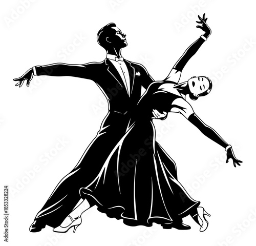 Ballroom dance couple silhouette, elegant man and woman dancing tango vector illustration, passion art