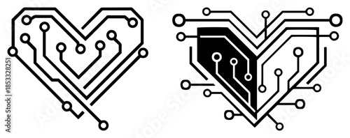 Digital circuit board heart symbols, technology love connection vector icons set