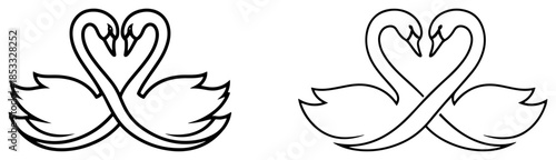 Two swans forming a heart shape with necks, romantic bird couple vector line art illustration
