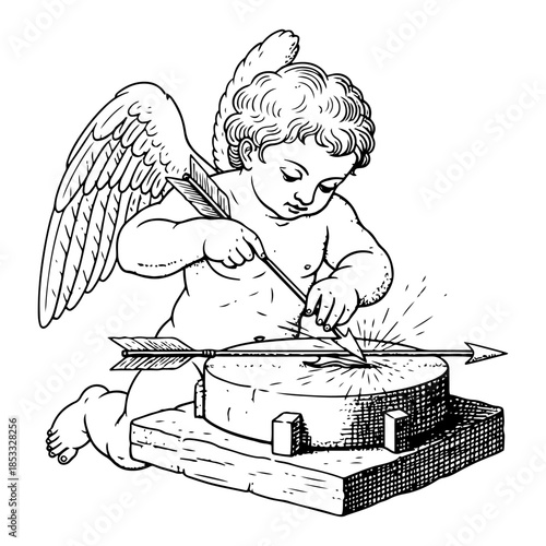 Vintage cupid sharpening love arrow on grindstone, retro engraving style vector illustration