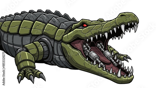 Cybernetic crocodile with sharp teeth and glowing red eye