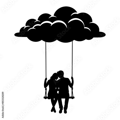 Couple silhouette on swing hanging from cloud, romantic sky date vector illustration, dream love concept