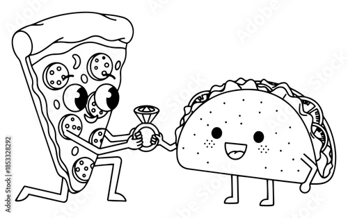 Pizza slice proposing to taco with diamond ring, funny food love vector illustration, fast food wedding