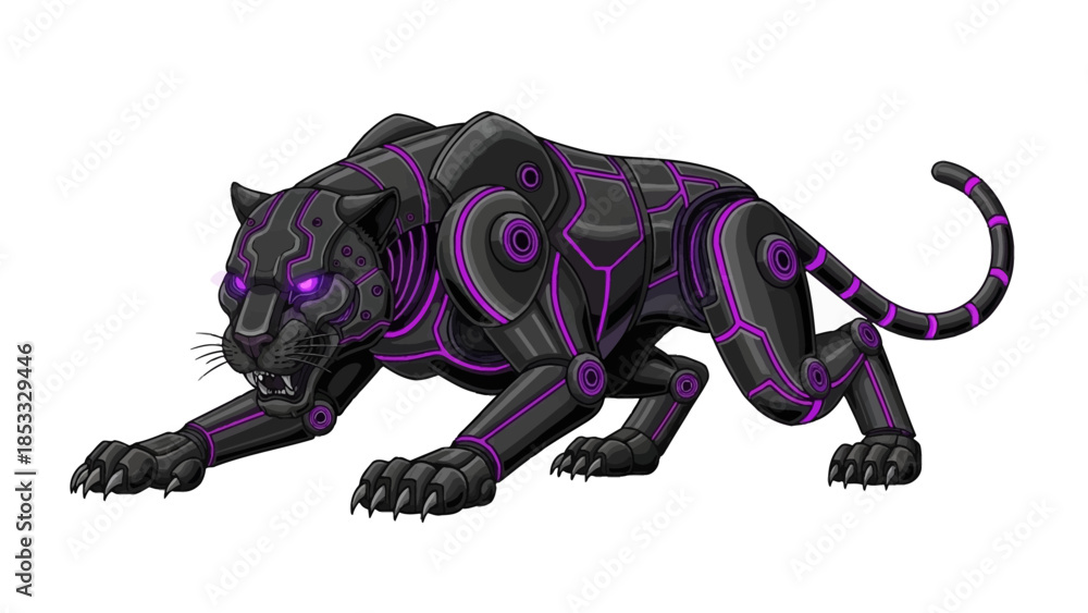 Obraz premium Cybernetic panther with purple neon lines in aggressive stance