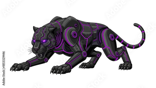 Cybernetic panther with purple neon lines in aggressive stance