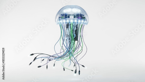 Futuristic jellyfish with colorful wires and circuit board