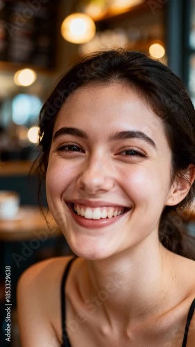 Happy Young Woman Smiling Looking at Camera in Coffee Shop Portrait with Bokeh Background