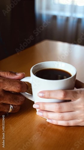 Couple Hands Holding White Coffee Cup Together on Wooden Table Indoors Close Up