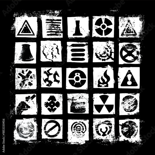 black and white stencil sheet of hazard symbols eerie white background
