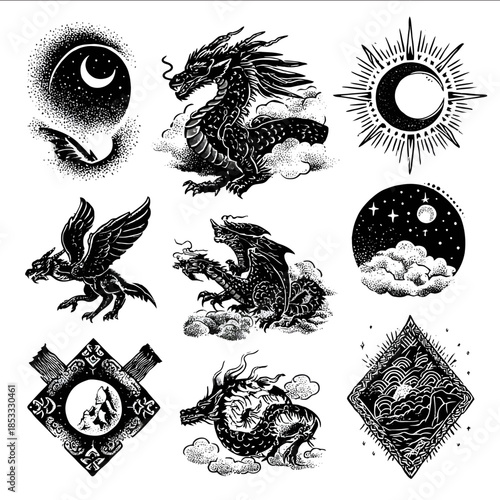 Tattoo flash sheet of mythical designs dragons celestial traditional