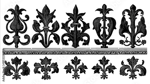 Set of simple black vector medieval woodcut pattern silhouette inspired by early Piast ornamentation