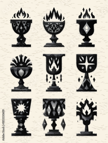 Different kinds of UU Flaming Chalices isolated Hand drawn Matisse style White background
