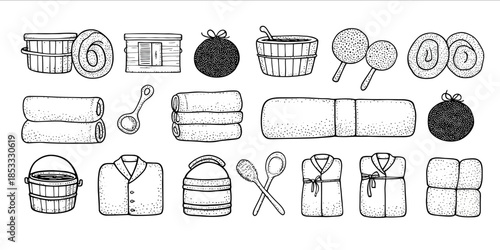 a set of cute hand drawn doodles in a minimalist black and white style to represent a new sauna in the countryside including sauna swimming pool towels folded