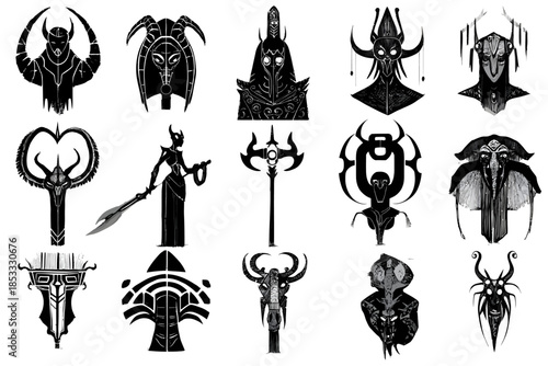 isotypes for a fantasy game dark fantasy violent designs stone age imaginery isotype sketches logotypes black on white background clean designs