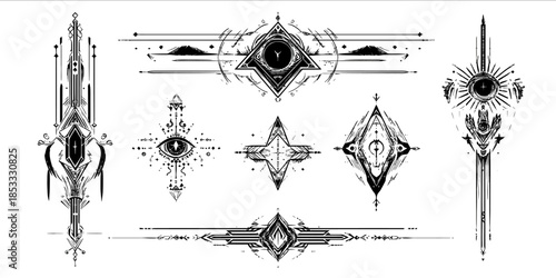 magical fantasy design for laser engraving flat design with black thick lines and white background transparent background vector artwork arcane shapes runes an