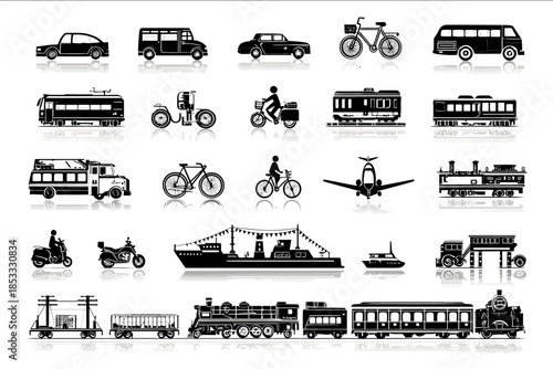 transportation vector icons set side view includes car bus truck bicycle scooter train airplane ship flat design black outlines isolated on white background.j