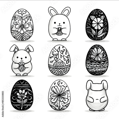 aster Eggs Intricately carved wooden Easter eggs with floral patterns vector Minimalist line art of Easter bunny holding an egg handdrawn illustration clean b