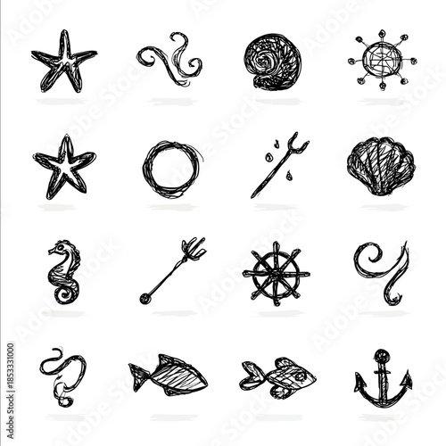 black line art scribbles of maritime and mystical seathemed objects minimalistic handdrawn doodles on white background isolated and evenly spaced starfish sea