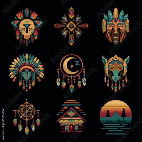 create set of icons for creativity in native american motives bravery sleep in vector
