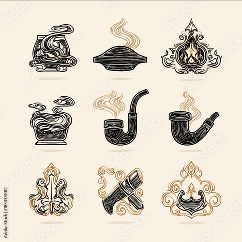 collection of elegant iconstyle vector design elements themed around whiskey smoker glass and vintage smoking pipes including round whiskey glass with oversiz