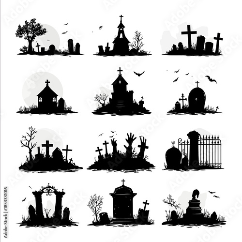 graveyard silhouettes with tombstones hand from ground scary churche crosses and spooky cemetery gates black flat vector icons halloween horror theme isolated
