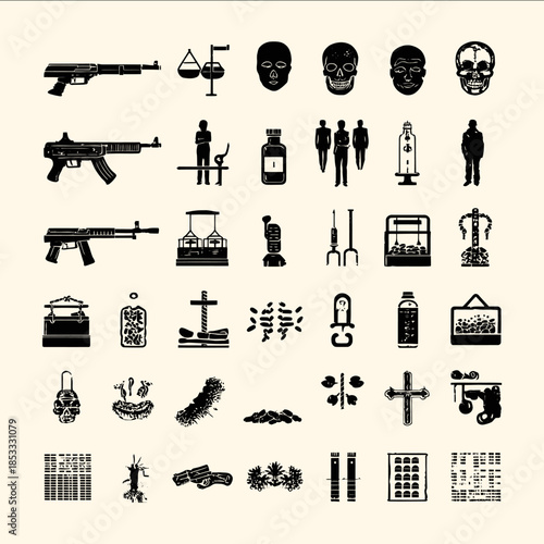 To illustrate a news article create pictograms about weapons crime executions and drug trafficking