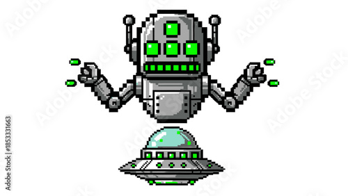 Pixel Art Robot Emerging from UFO in Space, 8-bit Style