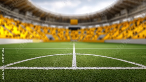 Close-up of a vibrant green soccer field corner with white lines inside a large, empty stadium featuring blurred yellow seating.