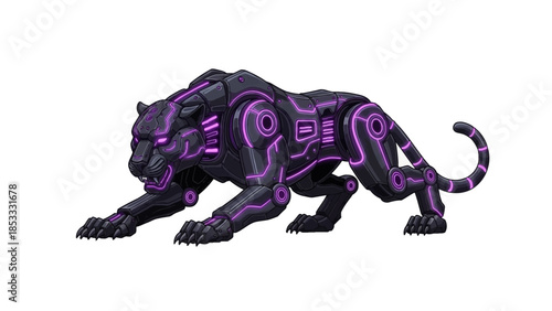 Cybernetic Panther Crouching with Glowing Purple Lines Isolated on White Background