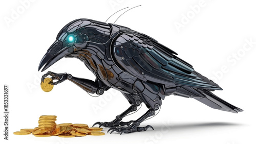 Robotic Crow Holding Gold Coin with Gold Coins Pile Isolated on White Background