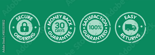 Green Guarantee Badge Set with Secure Ordering, Money Back, Satisfaction, and Easy Returns Icons – High Quality Vectorial Stock Image