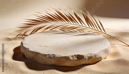 3D render of a minimalist stone podium on sand for product display with leaf shadows
