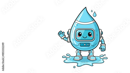 Cute Cartoon Water Drop Robot Character Isolated on White Background