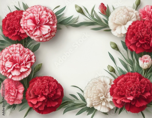 frame of red pink and white carnation flowers with green leaves on a white background