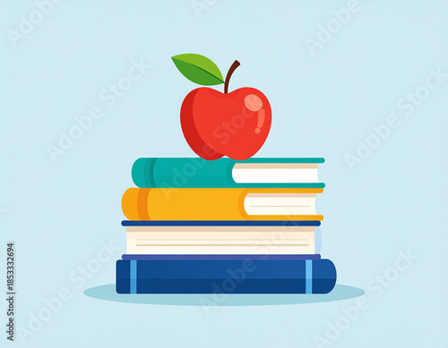 Stack of colorful books with a red apple on top. Education and school learning concept illustration. Generative AI