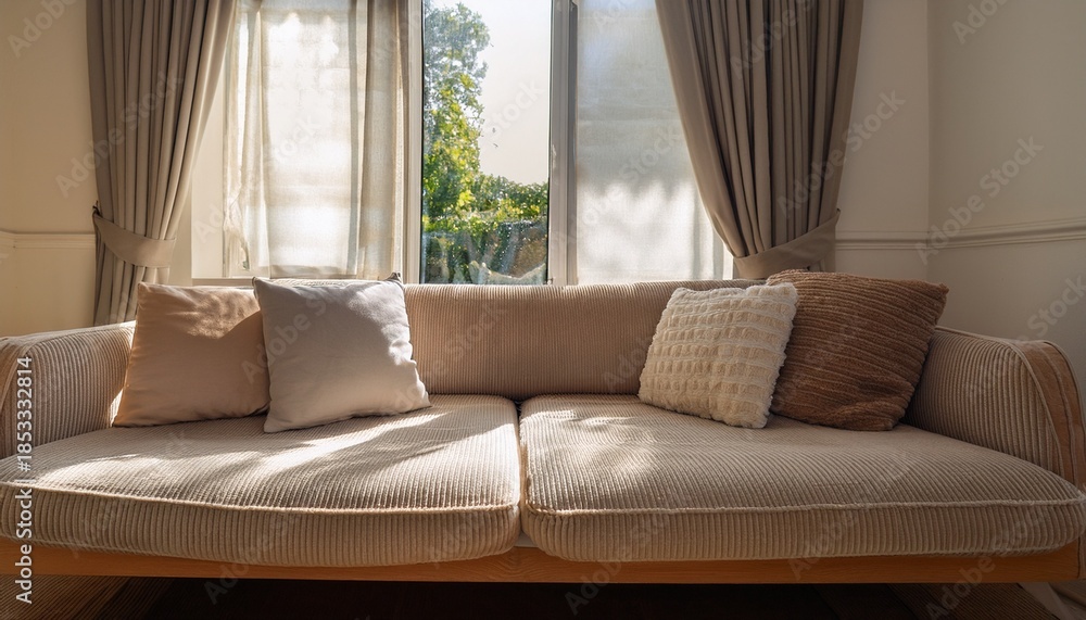 Fototapeta premium soft light streams through a window illuminating a comfortable sofa with plush pillows creating a serene home scene