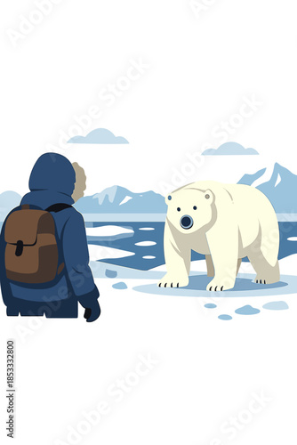Arctic Encounter: A hooded figure confronts a polar bear amid a frozen wasteland