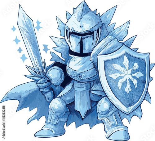 A frozen soldier clad in complete medieval armor, brandishing a sword