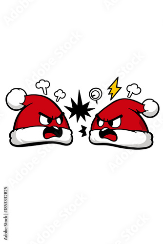 Illustration of angry Santa hats arguing in a humorous cartoon style for Christmas