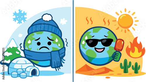 Illustration contrasting cold and hot, a clipart image set against a white background