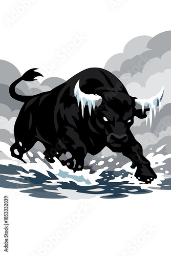 A mighty black bull surges through water, its icicle‑tipped horns glinting amid a dramatic, foggy scene