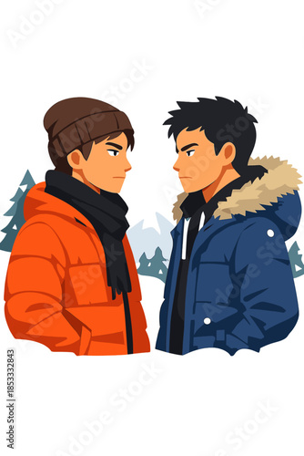 Two young men in winter coats stand opposite each other in a snowy outdoor scene, embodying themes of friendship, conflict, and seasonal style