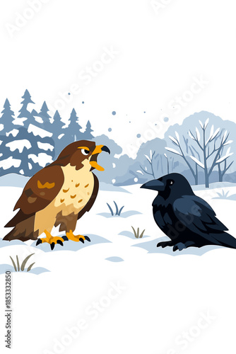 In a snowy field with a frosty woodland backdrop, a hawk squawks while a raven watches calmly